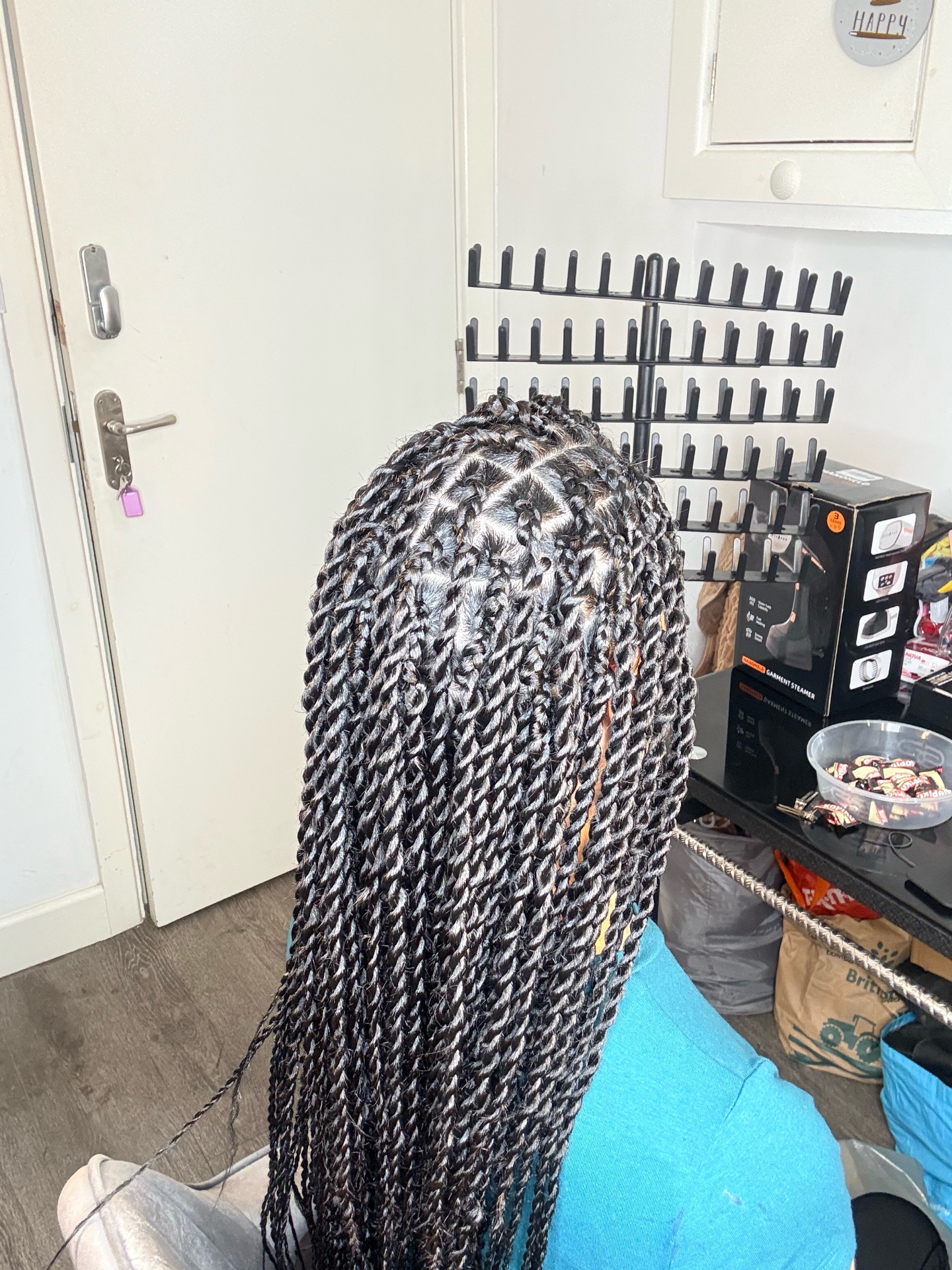 Long grey and black rope twists with neat box partings styled at the Leeds studio