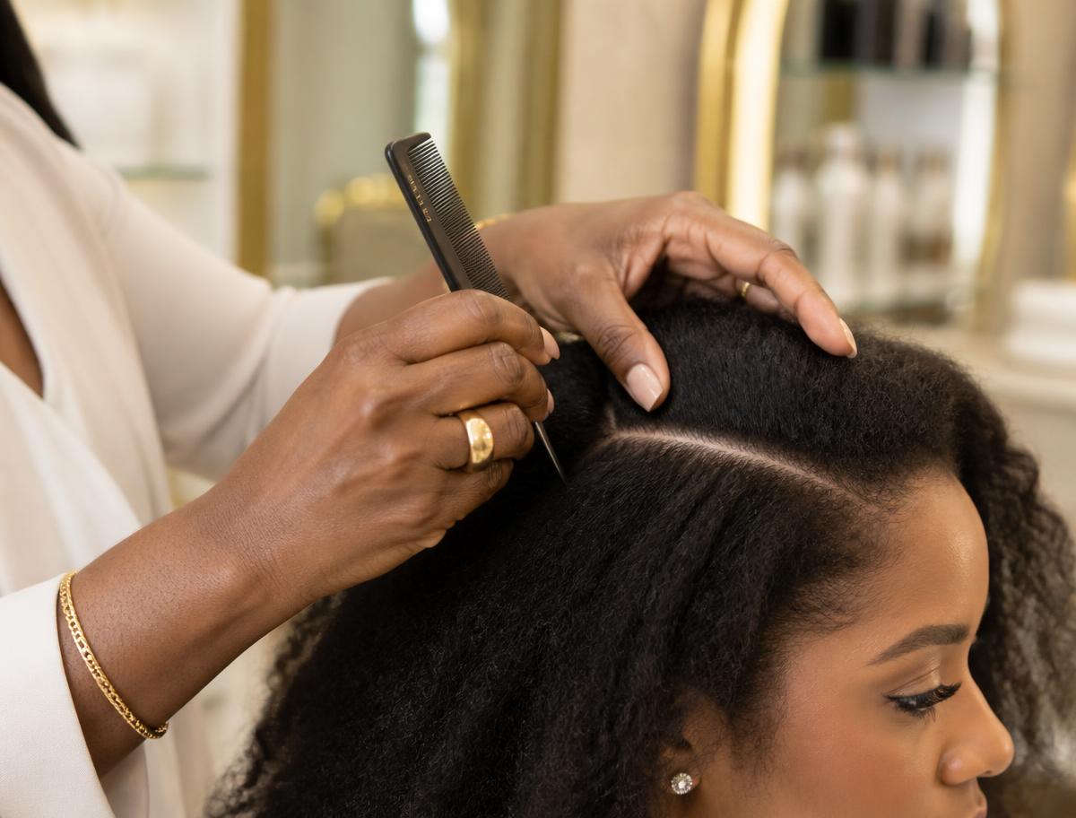Stylist carrying out a hair and scalp consultation