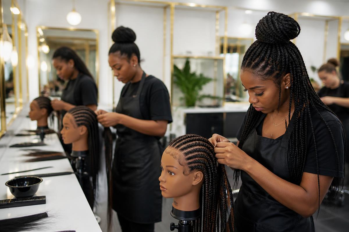 Hair training session with students practising braiding